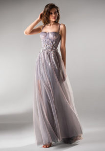 Style #415, A-line evening gown with bustier bodice, available in powder, gray, light green