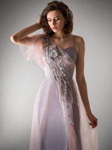 Style #416, One shoulder evening gown with a slit, available in powder, gray, light green