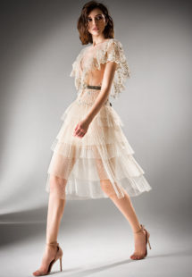 Style #417, Cocktail dress with tiered skirt, available in beige