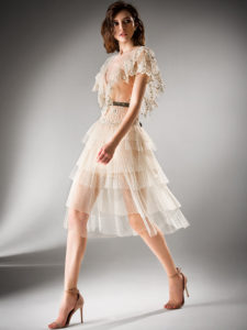 Style #417, Cocktail dress with tiered skirt, available in beige