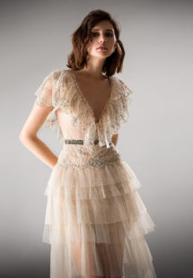 Style #417, Cocktail dress with tiered skirt, available in beige
