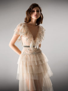 Style #417, Cocktail dress with tiered skirt, available in beige