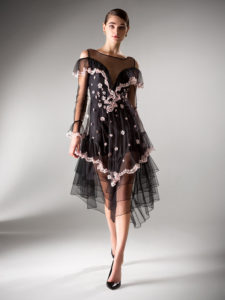 Style #418, Cocktail length evening dress with cold shoulders, available in black