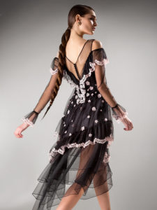 Style #418, Cocktail length evening dress with cold shoulders, available in black