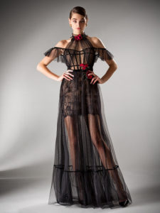 Style #419, Cold shoulder evening dress with sheer overlay, available in ivory, black