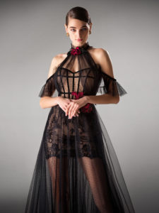 Style #419, Cold shoulder evening dress with sheer overlay, available in ivory, black