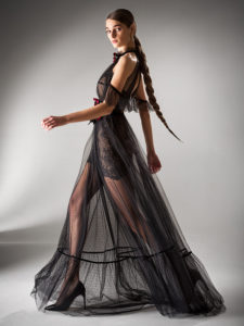 Style #419, Cold shoulder evening dress with sheer overlay, available in ivory, black