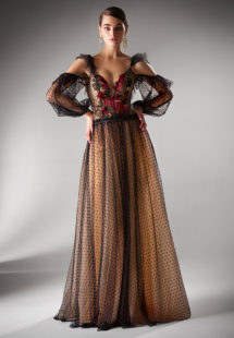 Style #420, A-line evening dress with cold shoulder sleeves, available in powder, black, ivory