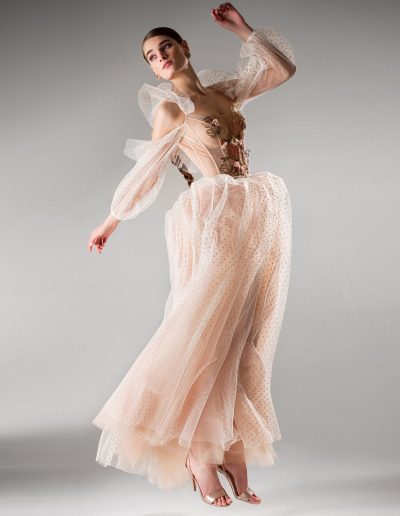 Style #420, A-line evening dress with cold shoulder sleeves, available in powder, black, ivory