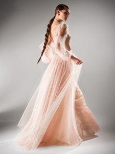 Style #420, A-line evening dress with cold shoulder sleeves, available in powder, black, ivory