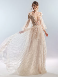 Style #420, A-line dress with cold shoulder sleeves, available in powder, black, ivory