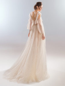 Style #420, A-line dress with cold shoulder sleeves, available in powder, black, ivory