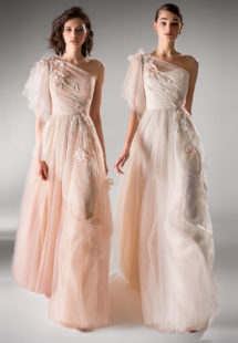Style #422, Tulle evening gown with one shoulder sleeve, available in powder, ivory
