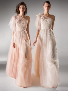 Style #422, Tulle evening gown with one shoulder sleeve, available in powder, ivory