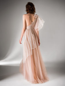 Style #422, Tulle evening gown with one shoulder sleeve, available in powder, ivory
