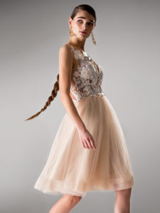 Style #425a, Ball gown evening dress with floral bodice, available in ivory, peach, purple
