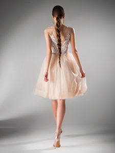 Style #425a, Ball gown evening dress with floral bodice, available in ivory, peach, purple