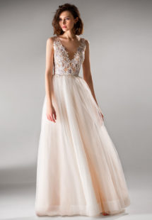 Style #425c, Ball gown evening dress with floral bodice, available in ivory, peach, purple