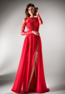 Style #426, Long sleeved evening dress with slit, available in powder, ivory, black, cherry, blue