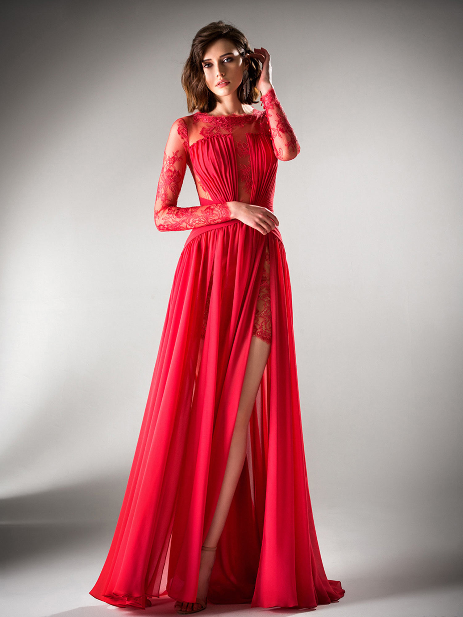 Style #426, Long sleeved evening dress with slit, available in powder, ivory, black, cherry, blue