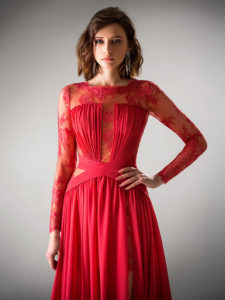 Style #426, Long sleeved evening dress with slit, available in powder, ivory, black, cherry, blue