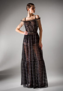 Style #427a, Off the shoulder evening dress with fringe sleeves, available in black