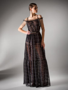 Style #427a, Off the shoulder evening dress with fringe sleeves, available in black