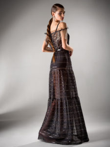 Style #427a, Off the shoulder evening dress with fringe sleeves, available in black