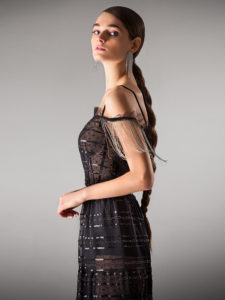 Style #427a, Off the shoulder evening dress with fringe sleeves, available in black