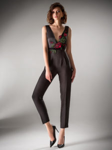Style #428-8, Fitted jumpsuit with floral applique, available in ivory, black, crimson, pink