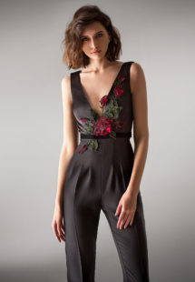 Style #428-8, Fitted jumpsuit with floral applique, available in ivory, black, crimson, pink