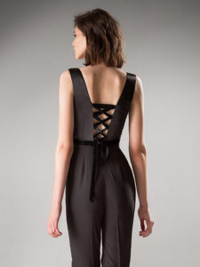 Style #428-8, Fitted jumpsuit with floral applique, available in ivory, black, crimson, pink