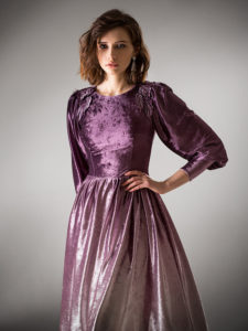 Style #431, Velvet evening dress with dolman sleeves, available in purple