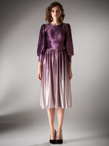 Style #431, Velvet evening dress with dolman sleeves, available in purple