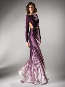 Style #432, Fitted evening gown with side cutouts, available in purple