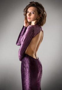 Style #432, Fitted evening gown with side cutouts, available in purple