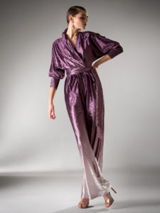 Style #433-8, Velvet wrap jumpsuit with dolman sleeves, available in purple