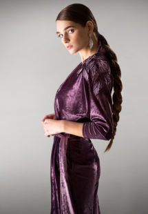 Style #433-8, Velvet wrap jumpsuit with dolman sleeves, available in purple