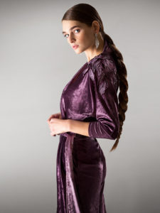 Style #433-8, Velvet wrap jumpsuit with dolman sleeves, available in purple