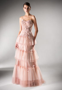 Style #434, Strapless A-line dress with a tiered skirt, available in cherry, gray-blue, pink, ivory