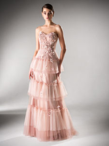 Style #434, Strapless A-line dress with a tiered skirt, available in cherry, gray-blue, pink, ivory