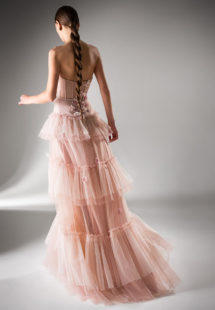Style #434, Strapless A-line dress with a tiered skirt, available in cherry, gray-blue, pink, ivory