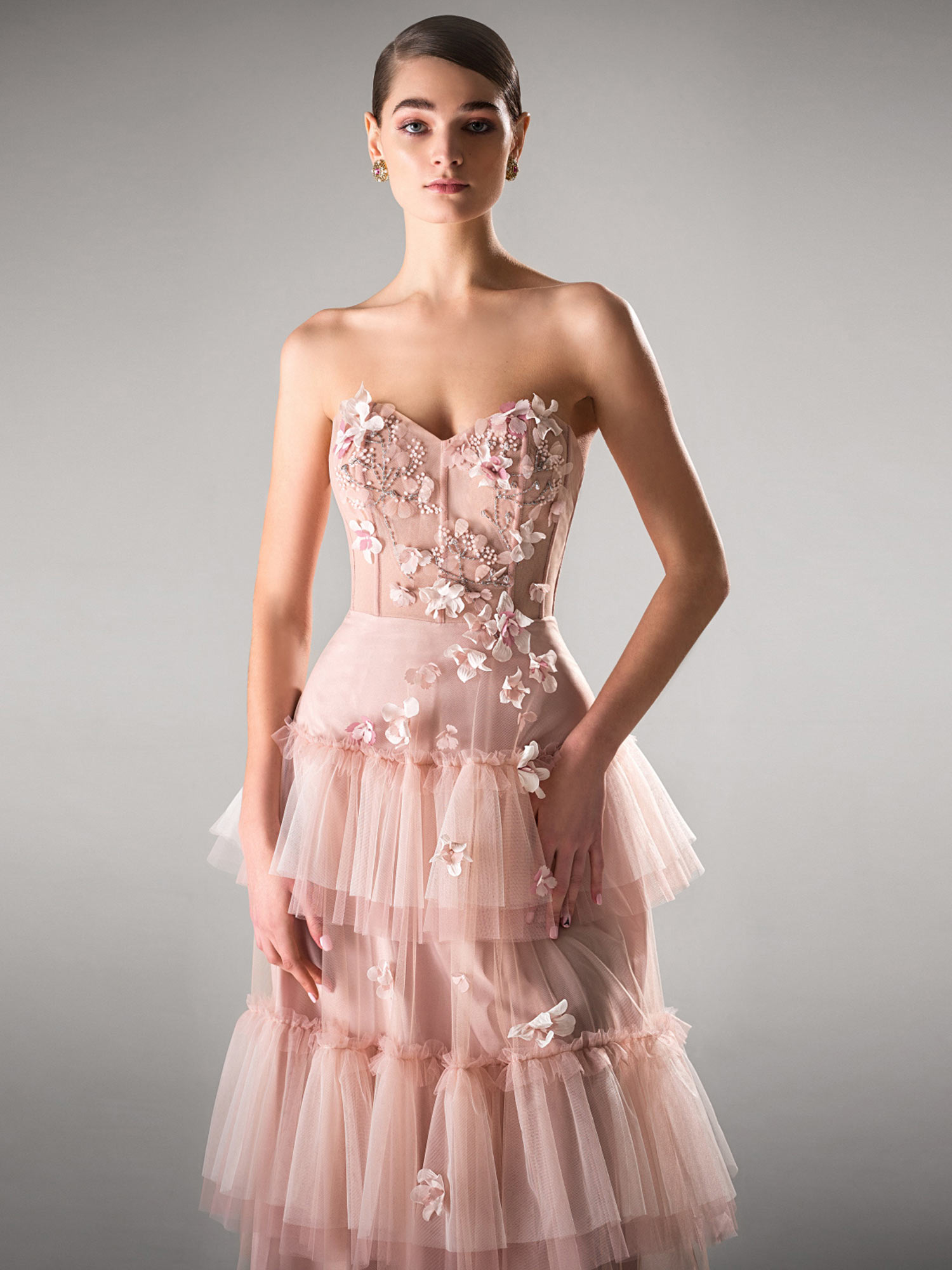 Style #434, Strapless A-line dress with a tiered skirt, available in cherry, gray-blue, pink, ivory