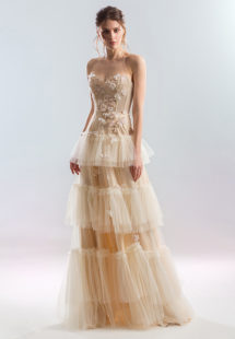 Style #434, Strapless A-line dress with a tiered skirt, available in cherry, gray-blue, pink, ivory