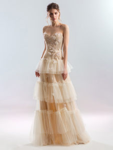 Style #434, Strapless A-line dress with a tiered skirt, available in cherry, gray-blue, pink, ivory