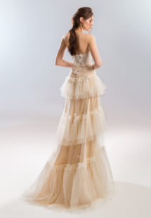 Style #434, Strapless A-line dress with a tiered skirt, available in cherry, gray-blue, pink, ivory