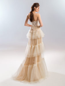 Style #434, Strapless A-line dress with a tiered skirt, available in cherry, gray-blue, pink, ivory