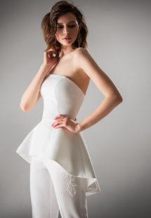 Style #435, Strapless peplum corset and skinny trousers, available in ivory, pink, red, blue