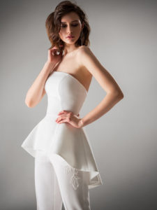 Style #435, Strapless peplum corset and skinny trousers, available in ivory, pink, red, blue