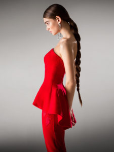 Style #435, Strapless peplum corset and skinny trousers, available in ivory, pink, red, blue